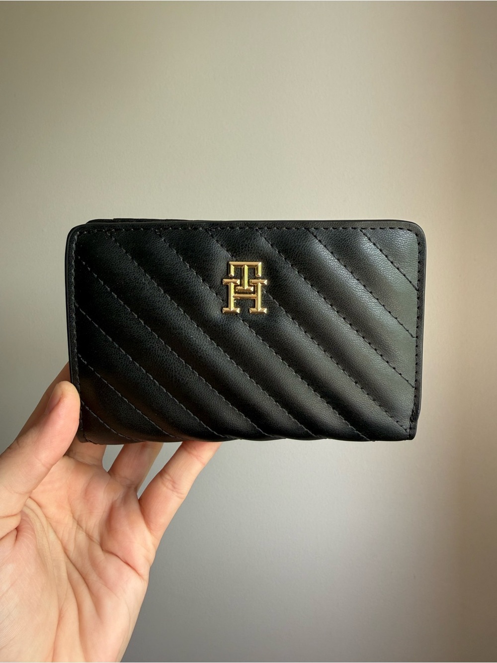 Tommy Hilfiger Black Quilted Wallet with Gold TH Emblem